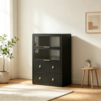 Commode de présentation en métal noir, 2 compartiments transparents en verre rabattables et 2 tiroirs, rangement écologique avec revêtement en poudre