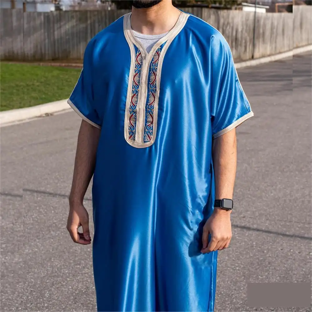 Personalizado Oriente Medio Dubai Arabia Nación Vestido Juba Azul Estilo marroquí Manga corta Túnica Islámica
