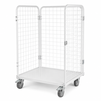 Chariot industriel à 3 côtés en treillis métallique blanc avec roues, conteneur logistique en acier robuste pour entrepôt