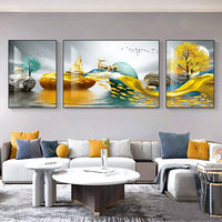 Peinture murale moderne, triptyque décoratif pour salon, peinture de luxe légère en porcelaine cristalline et alliage d'aluminium noir/or, paysage