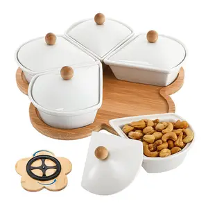 Party Chips Fruits Candy Aperitivo Lazy Susan Bamboo Tray Porcelana Dividido Serving Dish 5 Tigelas De Cerâmica Removíveis E Tampas