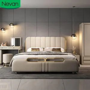 Furnitur kamar tidur mewah ringan berlapis kulit modern bingkai lembut queen size tempat tidur dengan fungsi kotak penyimpanan untuk anak perempuan