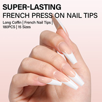Faux ongles à presser brillants French Manucure, forme cercueil longue, lot de 180 pièces/boîte, 15 tailles, ongles en gel à couverture complète, application facile, logo personnalisé