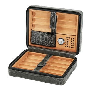 8 cigarros viaje cigarro <span class=keywords><strong>Caddy</strong></span> humidificador portátil higrómetro cuero gris cedro madera cigarro humidificador regalo para hombres - Product Image 1