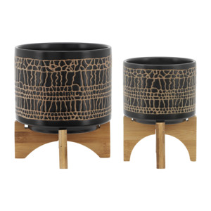 Vasi Cilindrici con Supporto in Ceramica Stoneware, Base in Legno di Bambù, per Interni ed Esterni, Decorazione Casa - Product Image 2