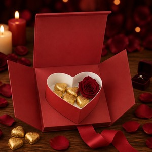 Boîte cadeau magnétique personnalisée style <span class=keywords><strong>livre</strong></span> rouge avec plateau cœur, ruban et nœud, finition mate pour la Saint-Valentin, vente en gros, directement de l'usine - Product Image 1
