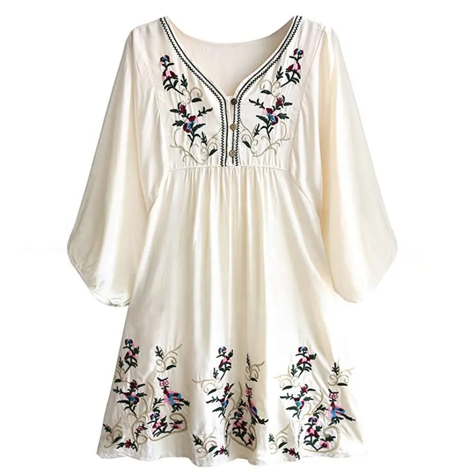 Floral Tunic Shift Lightweight Mini Dresses Casual Dresses Stb-366 Women's Bohemian Embroidery Loose Spring Adults