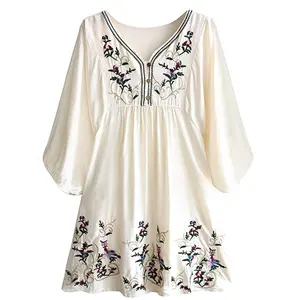 Tunique légère à fleurs, Mini robes décontractées pour femmes, broderie bohème, ample, printemps, pour adultes, Stb-366