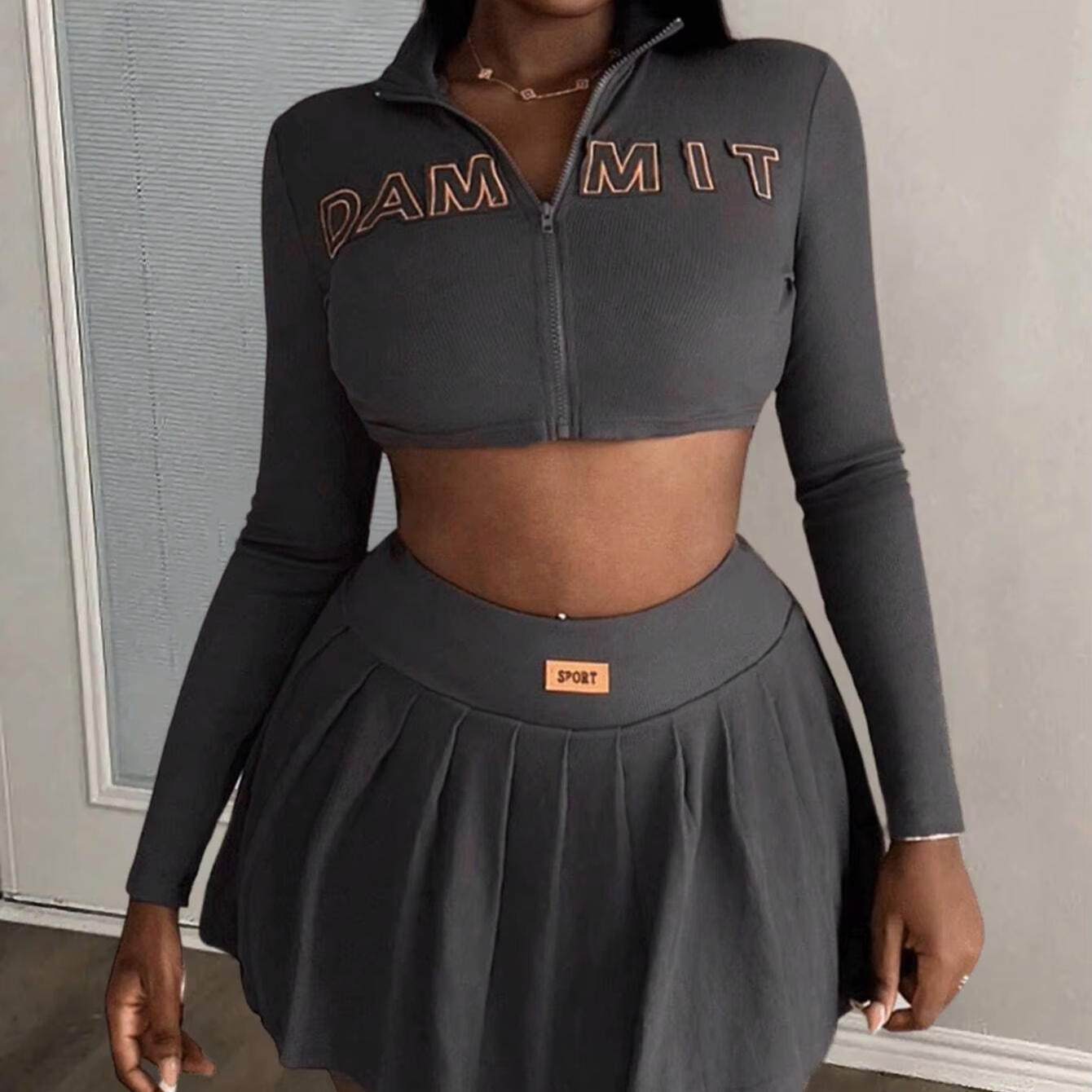 Custom Embroidered Patch Acid Wash Ribbed Knit Set Zip up Crop Jacket High Waist Pleated Skirt Sets Women 2 Piece Outfits