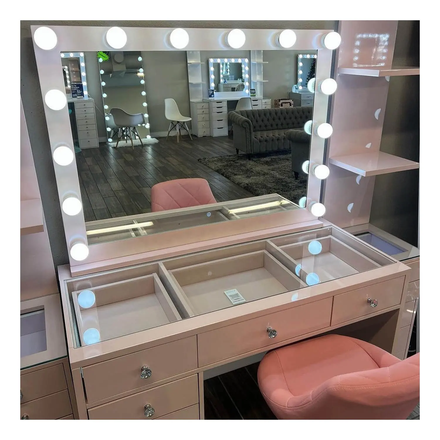 Ensemble de commode de maquillage moderne à lumière LED avec miroir de courtoisie hollywoodien blanc rose noir et tabouret à tiroirs