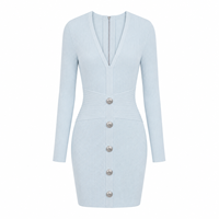 Robe mini en tricot côtelé bleu clair pour femme, col en V profond, manches longues, détail boutonné, OEM ODM
