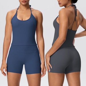 YIYI Lot de 2 ensembles de yoga pour femmes, effet push-up fessier, col en U, dos nu à nouer, taille haute, contrôle du ventre, avec soutien-gorge de sport et coussinets - Product Image 1