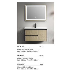 Meuble de salle de bain suspendu en <span class=keywords><strong>bois</strong></span> de noyer de luxe rétro avec miroir à LED, rangement latéral ouvert et tiroirs de rangement, meuble-lavabo mural - Product Image 4