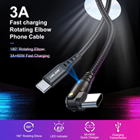 Kabel Data USB C PD USB 60W, 3A pengisian daya cepat siku berputar 180 derajat Tipe C ke Tipe C untuk Game