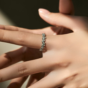S925 Silver Cute Flower Eternity Band <b>Ring</b> In With Green Enamel And <b>Crystal</b> Stones For Women's Everyday Wear - Product Image 3