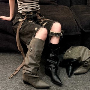 Botas de Ante Sintético por Encima de la Rodilla con Punta Puntiaguda y Correa con Hebilla, Tendencia de Moda Otoñal, Botas para Mujer - Product Image 1