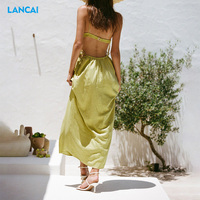 Haute qualité femmes Sexy robe rayonne lin mélange dos ouvert avec fermeture à fermoir unique mince bandoulière dessiner cravates robe Midi