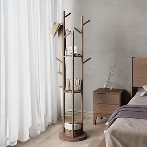 Solid Wood Rotary <strong>Coat</strong> Rack Stand 3 <strong>Shelves</strong> 9 <strong>Hooks</strong> Sturdy Easy Assembly <strong>Coat</strong> Tree for <strong>Entryway</strong> Bedroom Walnut Color - Product Image 1