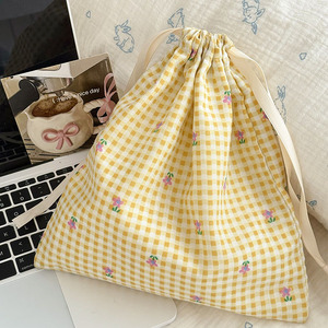 Yellow Checkered Floral Cotton Drawstring Bag Fresh Minimalist Instagram-worthy Storage Bag for Travel Organizing Small Items - Product Image 6