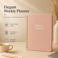 Carnet de planification hebdomadaire personnalisé, couverture en lin rose texturé, reliure spirale dorée en relief, OEM ODM, faible MOQ, vente en gros