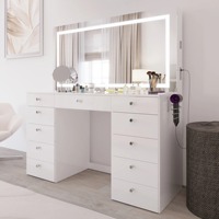 Table de toilette moderne européenne blanche à 11 tiroirs avec miroir spacieux, éclairage et prise de courant intégrée, MOQ 100