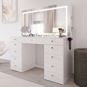 100 Adet Minimum Sipariş Adedi Modern Avrupa Beyaz 11 Çekmeceli Makyaj Masası Geniş Yüzeyli Ayna ve Işıklı Depolama Alanı Güç Prizi ile - Product Image 4