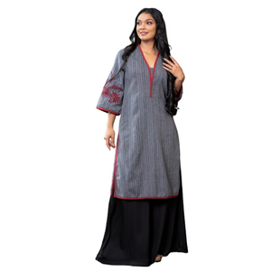 Venta al por Mayor de Ropa Elegante de Moda, Kurta de Lino Negro Premium con Bordado en las Mangas - Product Image 1