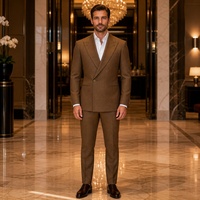 Jas Pria Cognac Brown Micro Check Double Breasted Peak Lapel Kancing Emas Jas Bisnis Formal Pesta Custom Made to Measure