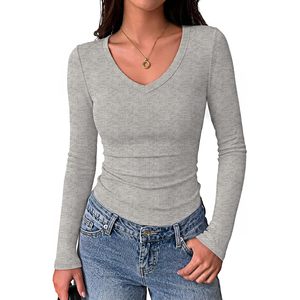 Camiseta básica ajustada de punto acanalado con cuello en V y manga larga para mujer, ropa informal para otoño - Product Image 1