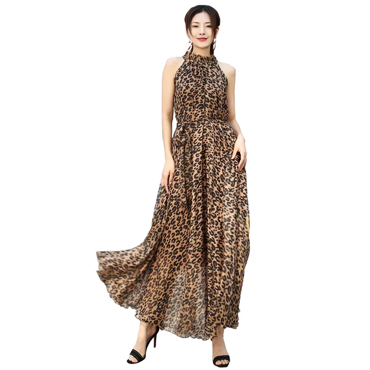 2021 Summer Bohemia Western Leopard print Chiffon Maxi Dress Summer Vacation Beach Casual Dresses Plus Size Woman Dress robe