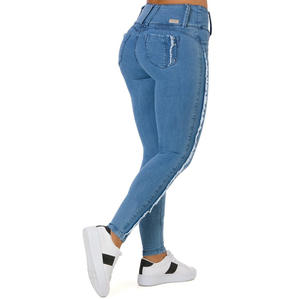 Venta al por mayor de fábrica de elástico de cintura alta y perforado azul pequeño pie roto lápiz largo <span class=keywords><strong>pantalones</strong></span> <span class=keywords><strong>vaqueros</strong></span> de las mujeres - Product Image 2