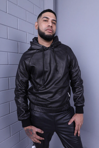 Veste à capuche en cuir véritable noir pour homme, style décontracté, fermeture éclair sur le devant, coupe ajustée, longueur normale, couleur unie, style sweat à capuche, imperméable pour l'hiver - Product Image 4