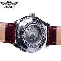 Winner Montre Automatique Mécanique Homme Luxe Design Rétro Classique Calendrier Bracelet Marron Aiguilles Bleues Marque Supérieure