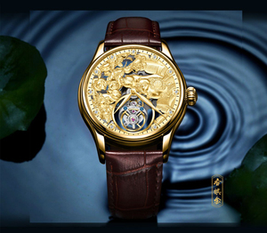 Montre mécanique squelette pour homme 42 mm avec tourbillon, micro-gravure 3D cochon doré et diamants véritables - Product Image 5