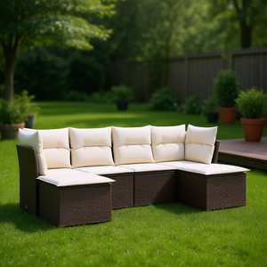 Conjunto de Sofá de Jardín de Ratán Marrón con Cojines Color Crema, Muebles de Exterior de Diseño Contemporáneo, Resistentes al Agua y a los Rayos UV, Ratán PE - Product Image 2