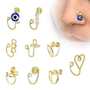 POENNIS African Nose Cuff Eyes Crystal Pearl Non Piercing Clip On Nose Ring 14k Gold Plated Nose Ring Cuffs Set