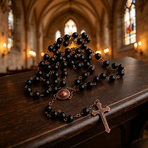 Collier religieux catholique en bois avec perles et croix plaquée argent, en alliage ABS/Zinc, mini perles phosphorescentes, vente en gros, pièce maîtresse - Product Image 3