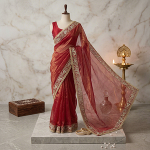 <b>Red</b> Embroidered <b>Saree</b> with Net Dupatta Floral Border Wedding Party Indian Pakistani Outfit for Women - Product Image 1