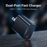 Chargeur mural double port OEM 65W Type-C PD USB-A QC3.0 à charge rapide, adaptateur pliable noir mat pour ordinateur portable et téléphone, idéal pour les voyages