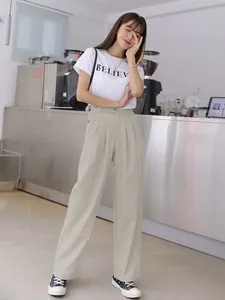 <span class=keywords><strong>Pantalon</strong></span> droit gris taille haute neutre pour femmes <span class=keywords><strong>Pantalon</strong></span> plissé décontracté à poches noires pour femmes - Product Image 2