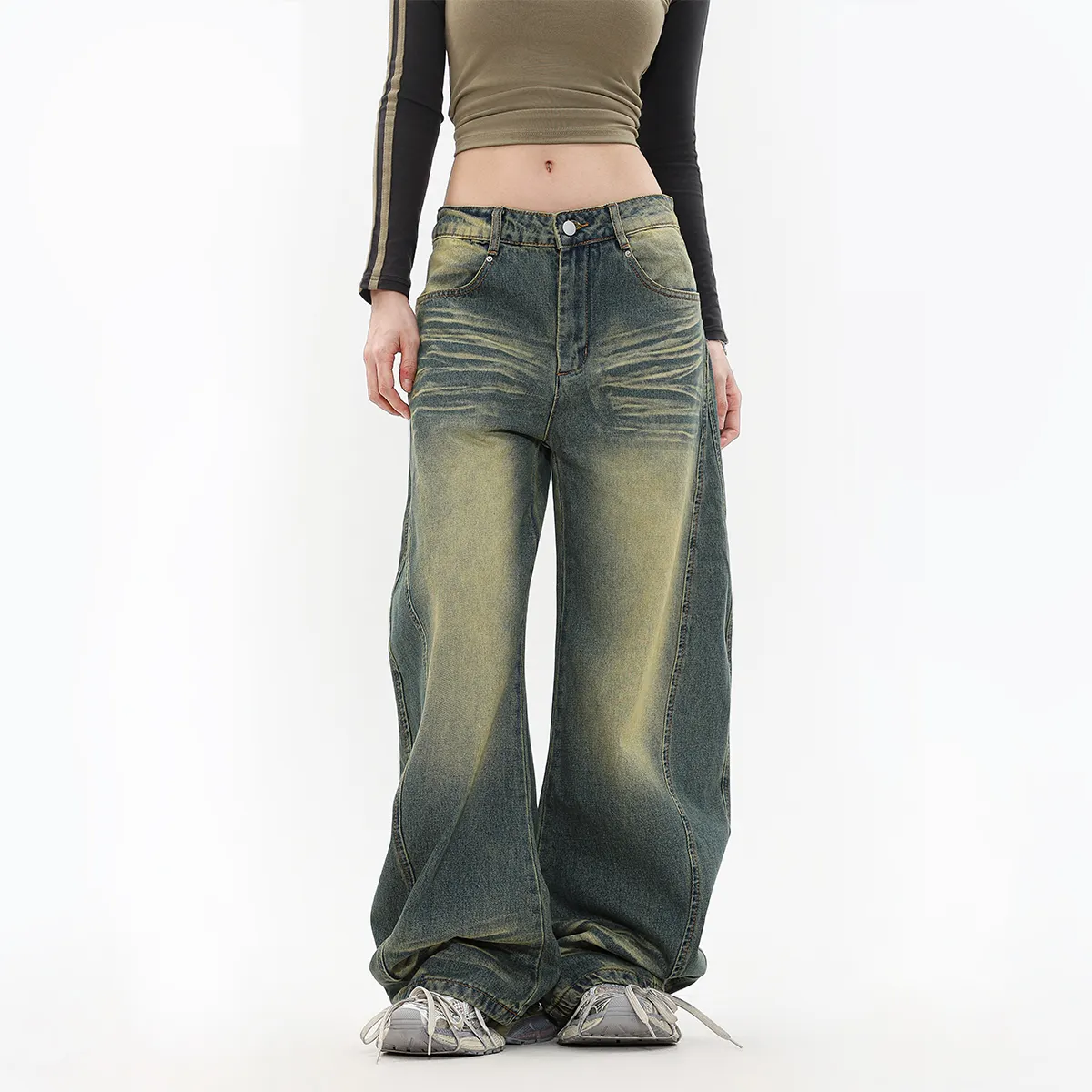 Celana Jeans potongan bot untuk wanita, celana Jeans Denim anyaman rendah dewasa, celana Denim panjang penuh longgar untuk wanita