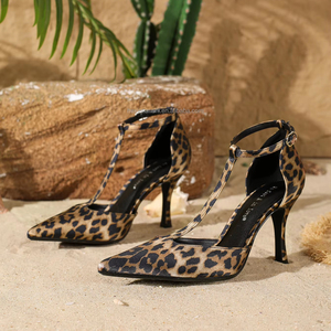 On Feet & In Love <span class=keywords><strong>Sandalias</strong></span> de tacón fino hueco con correa en T con estampado de leopardo sexy a la moda personalizada para damas - Product Image 1