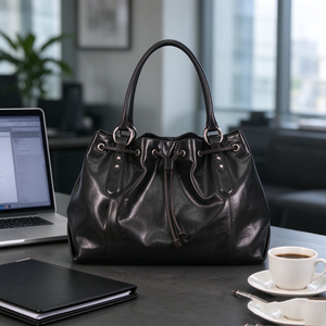 Sac fourre-tout vintage en cuir huilé noir avec cordon de serrage, grande capacité, poignée supérieure, sac à main pour femme - Product Image 2