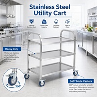 Chariot de service léger et stable en acier inoxydable à 3 niveaux pour hôtels, banquets et collecte de déchets