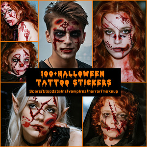 Autocollants Visage Halloween <span class=keywords><strong>Tatouage</strong></span> Temporaire Maquillage Visage Sang Cicatrice Clown Araignée Fantôme <span class=keywords><strong>Chauve</strong></span>-<span class=keywords><strong>Souris</strong></span> Citrouille <span class=keywords><strong>Tatouage</strong></span> Imperméable pour Visage Cou - Product Image 2