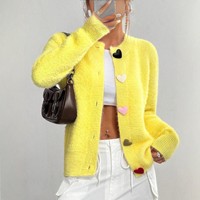 Automne hiver femmes élégant mode tricoté Cardigan couleur unie col rond décontracté coloré coeur bouton ouvert avant pull