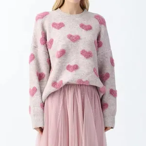 Women Contrast Color Round Neck Cute Heart Shaped Knitted Casual Pullover Sweater