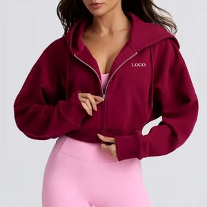 Sudadera con Capucha Corta Personalizada OEM, Color Borgoña, Hombros Caídos, Mangas Largas, 100% Algodón Jersey, Felpa Francesa, Sudadera con Capucha para Mujer - Product Image 1