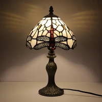 Lampe de table LongHuiJing 8 pouces en verre teinté motif libellule rouge, bleu et blanc, base en alliage de zinc, E26 E27 110-220V, lampe de lecture vintage