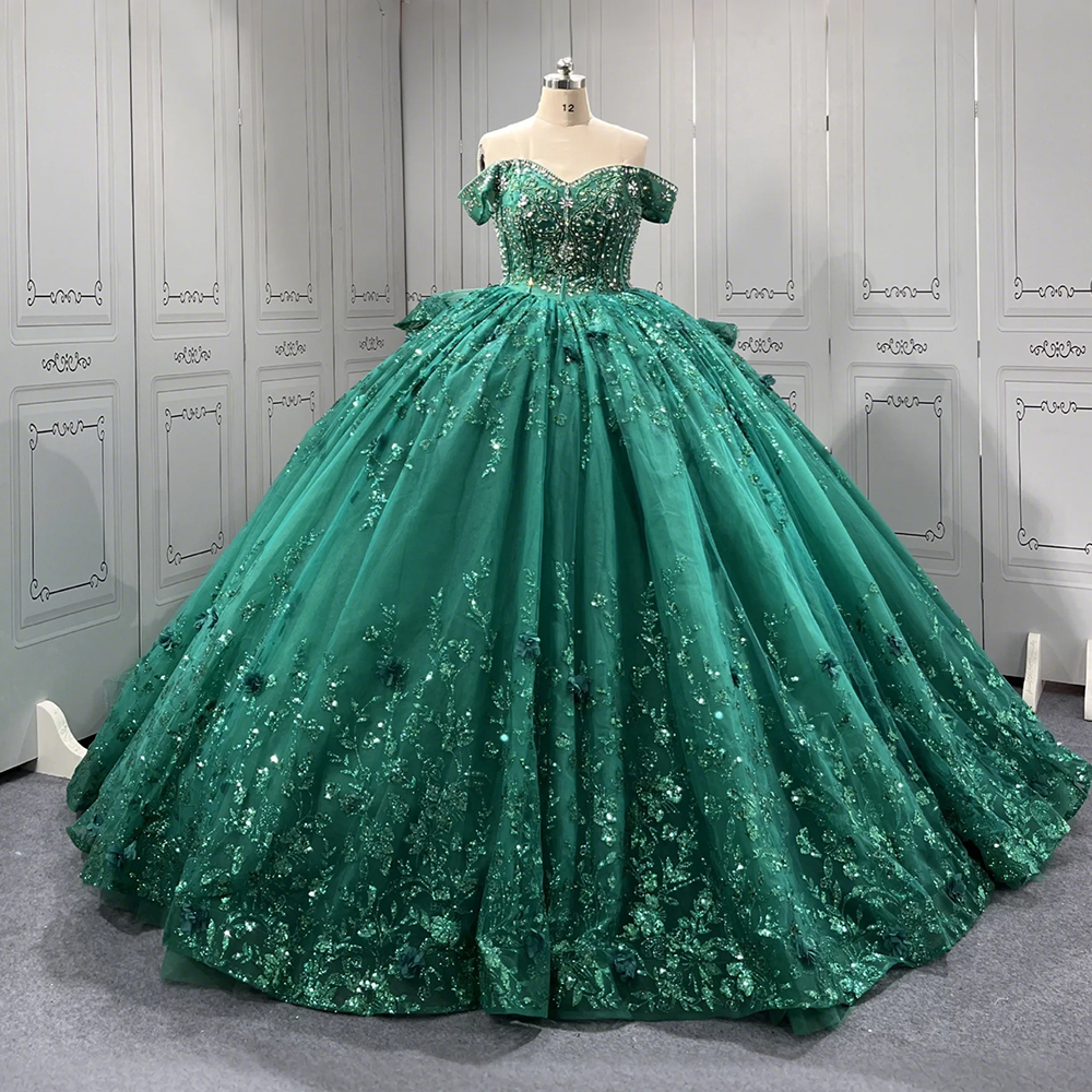 Emerald Green Glitter Quinceanera Dresses 3D Flower Vestidos De 15  Quniceanera Dress Ball Gown Pearls Lsmu34-1